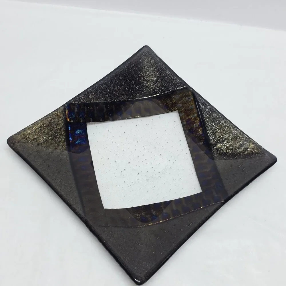 Chris Paulson Fused Art Glass Trinket Tray Plate Signed Dichroic Iridescent